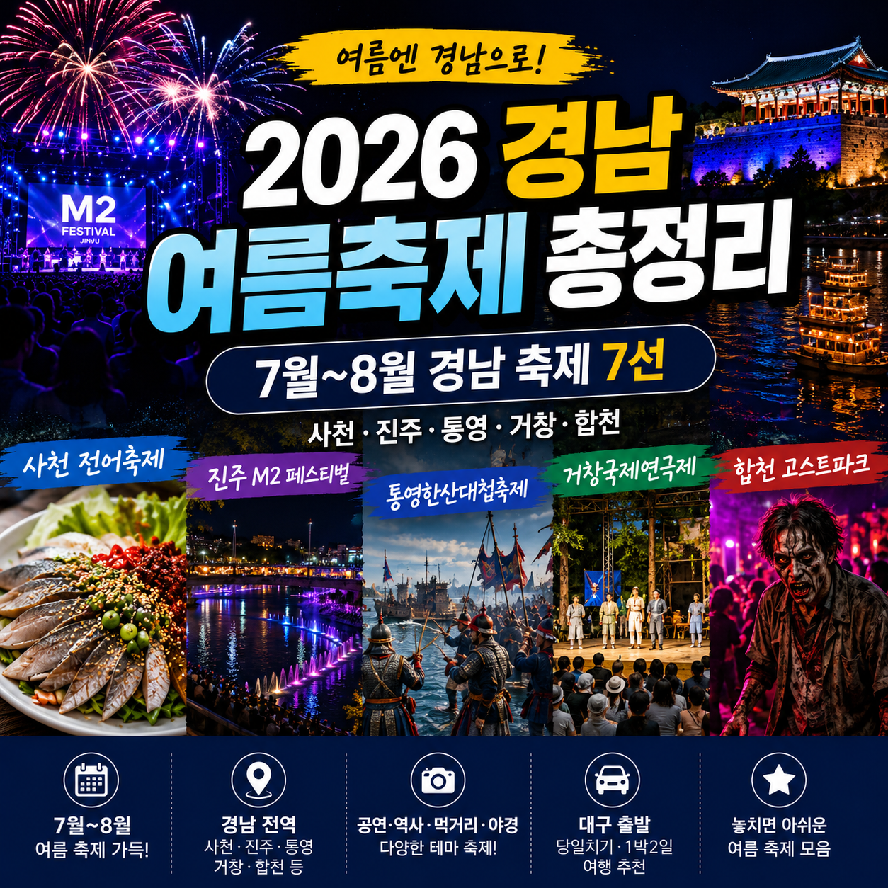 2026 경남 7월 8월 여름축제 총정리|사천 전어축제·진주 M2·통영한산대첩·합천 고스트파크