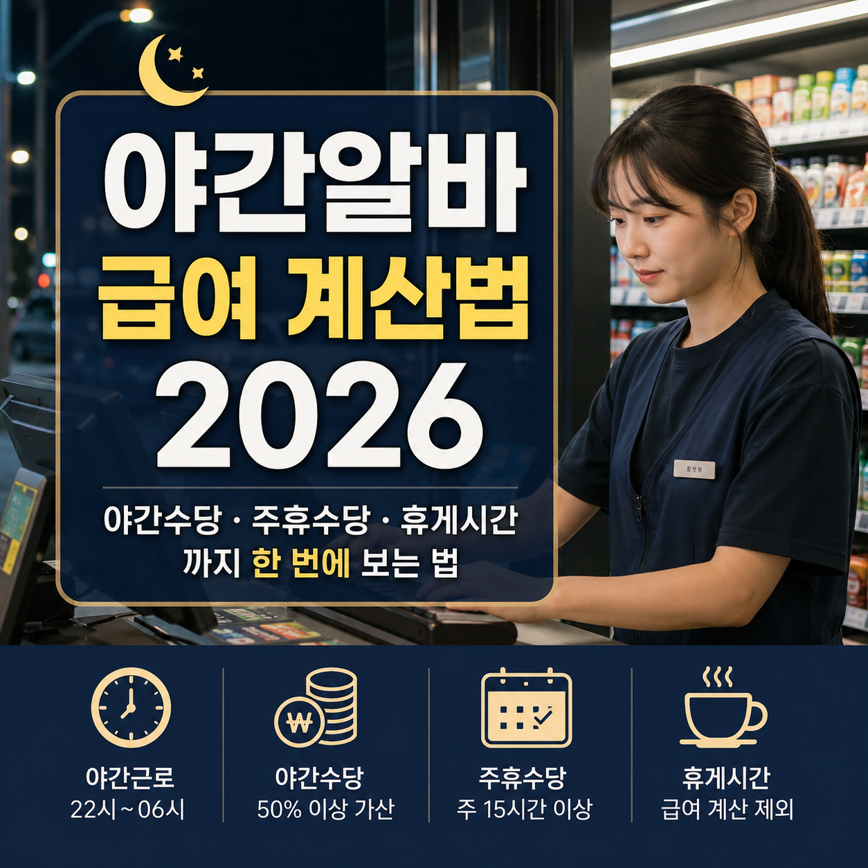 야간알바 급여 계산법 2026｜야간수당·주휴수당·휴게시간 확인