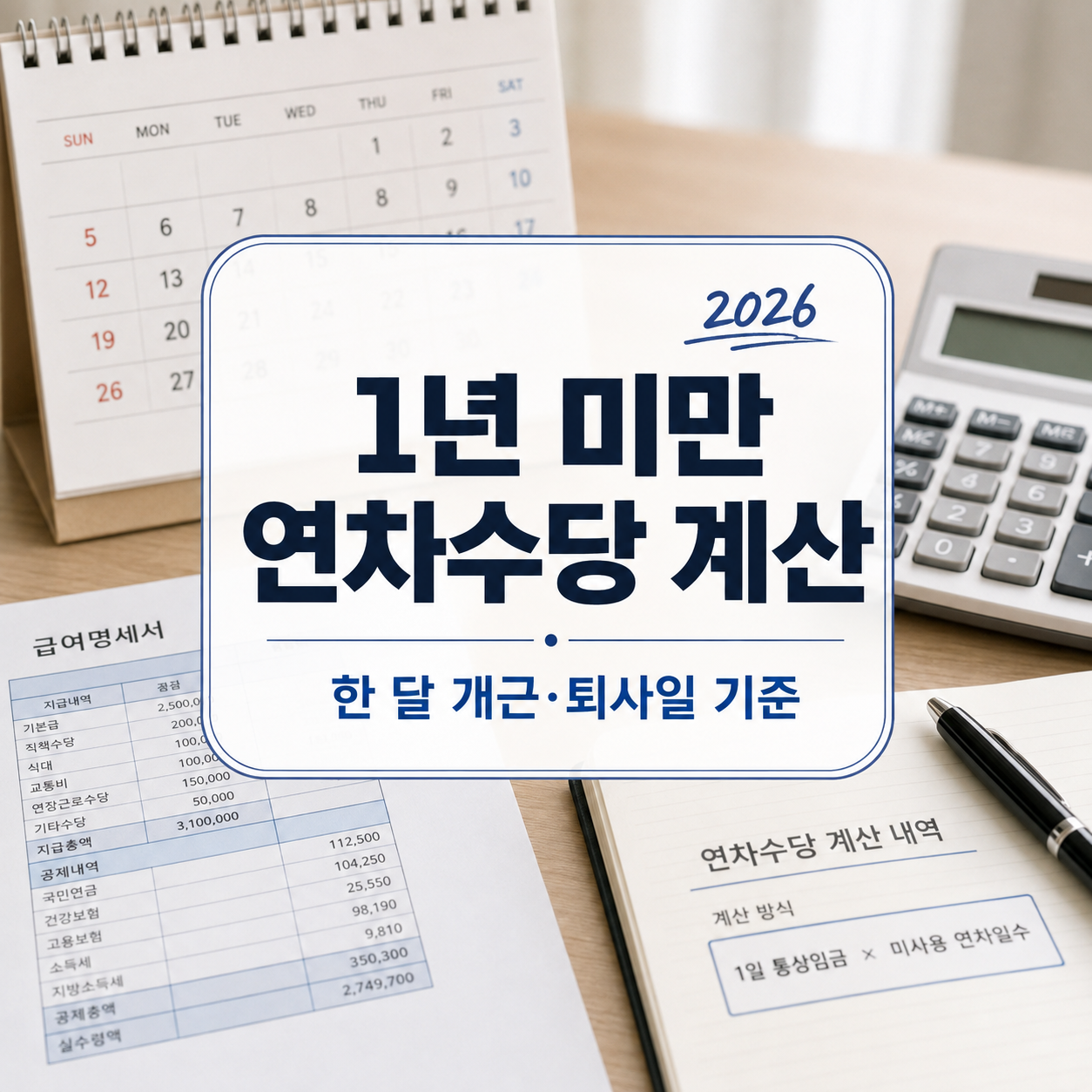 입사 1년 미만 연차수당 계산법 2026｜한 달 개근·퇴사일별 연차